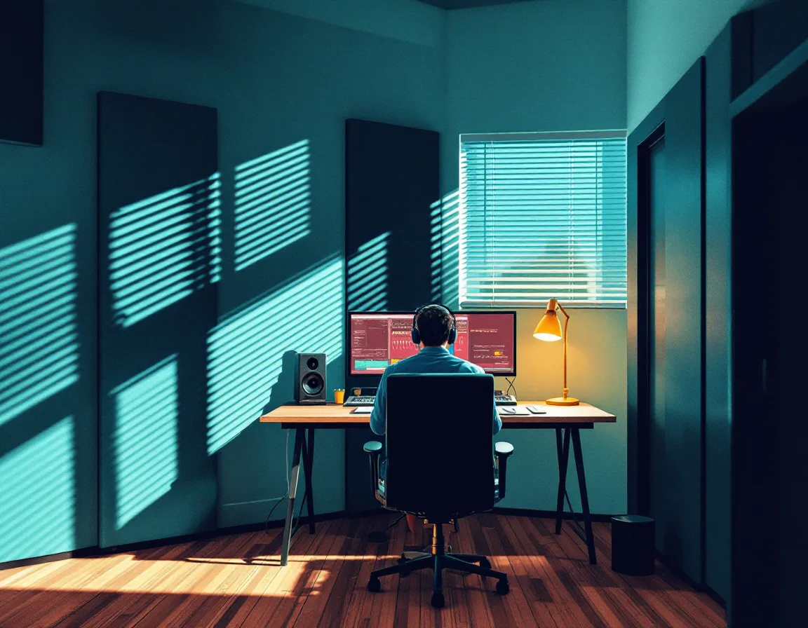 A treated two-engineer podcast editing room with a mixing desk and monitors