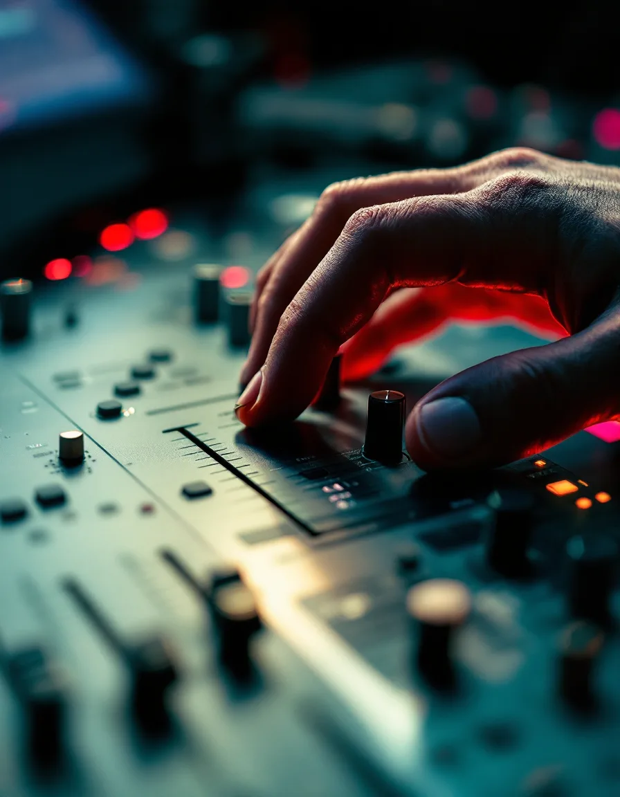 An engineer's hand resting on a mixing console fader