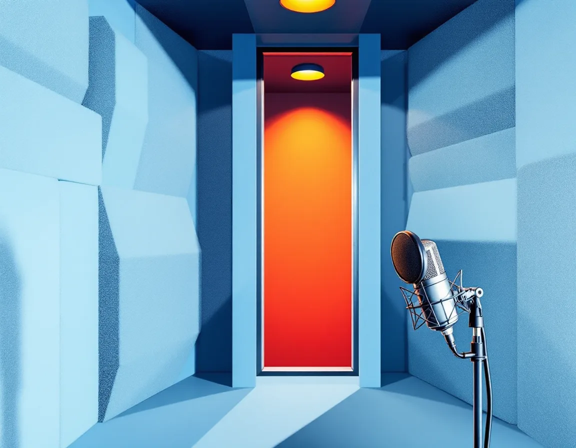 An acoustically treated recording booth with a microphone