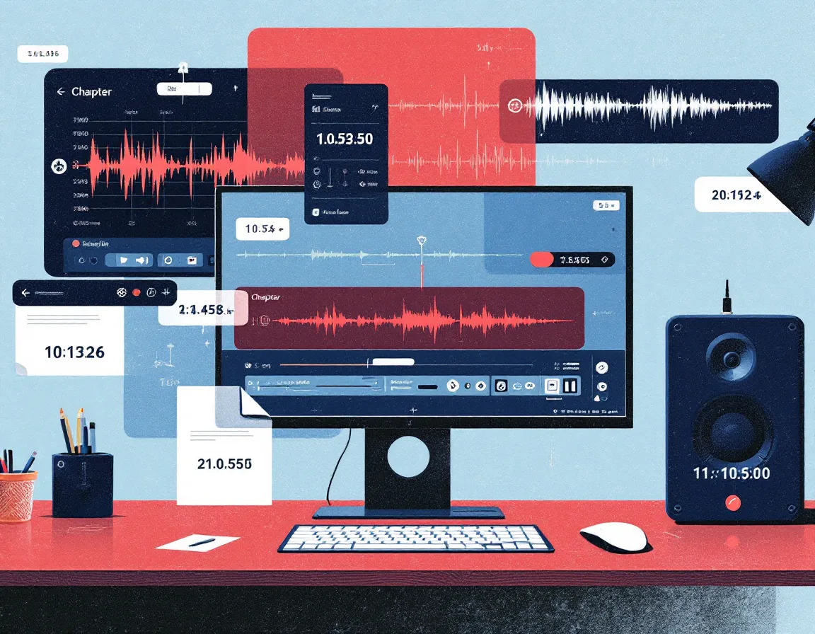 Audio waveform with chapter markers and timestamps