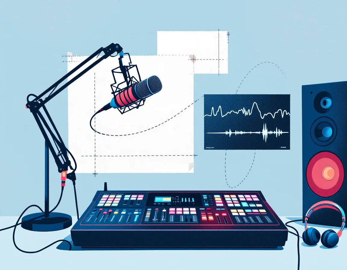 A podcast editing desk with microphone, mixing faders and an on-screen waveform